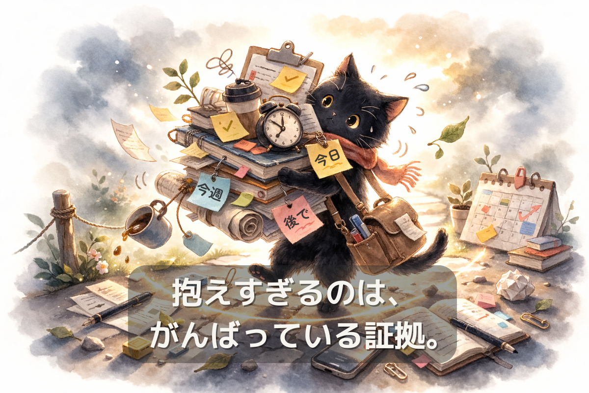 メモや時計、小箱などをたくさん抱えた黒猫が、足元の段差が見えにくいまま頑張って歩いている水彩風イラスト。抱えすぎてやりきれない状態を象徴している。