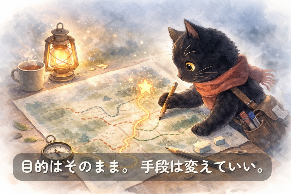 地図を広げた前で黒猫が鉛筆でルートを描き直している水彩風イラスト。地図のゴールには光る星があり、目的は守りつつ手段を見直す様子を表している。