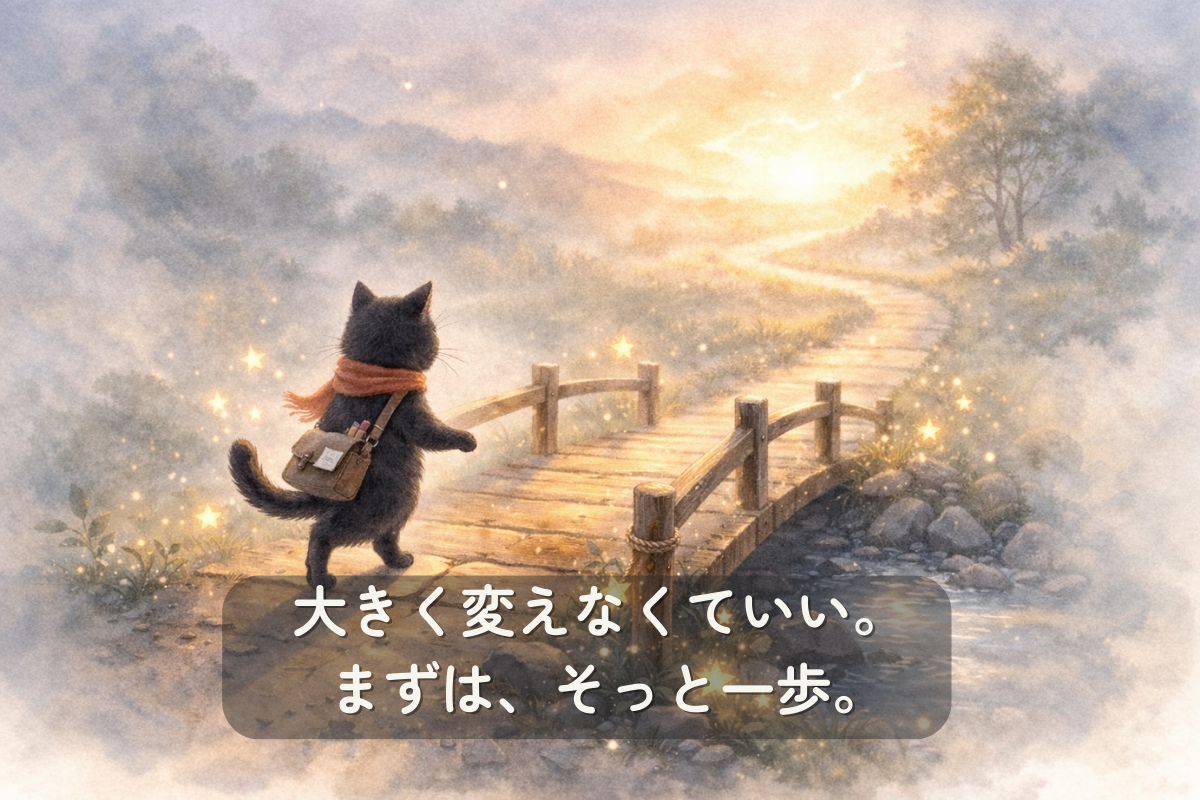 朝霧の中、小さな橋の手前で黒猫がそっと片足を踏み出そうとしている水彩風イラスト。やわらかな光と小さな星の粒があり、小さな一歩の大切さを表している。