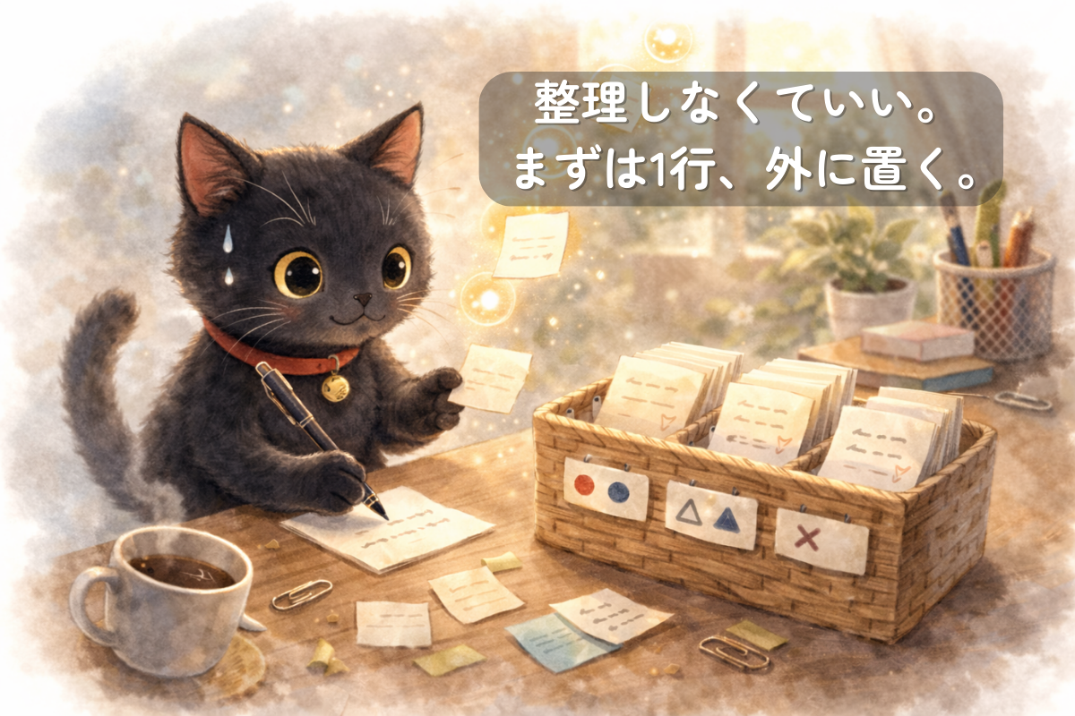 黒猫が短いメモを書いて、印のついたかごに入れていく様子で1行メモの退避を表したイラスト