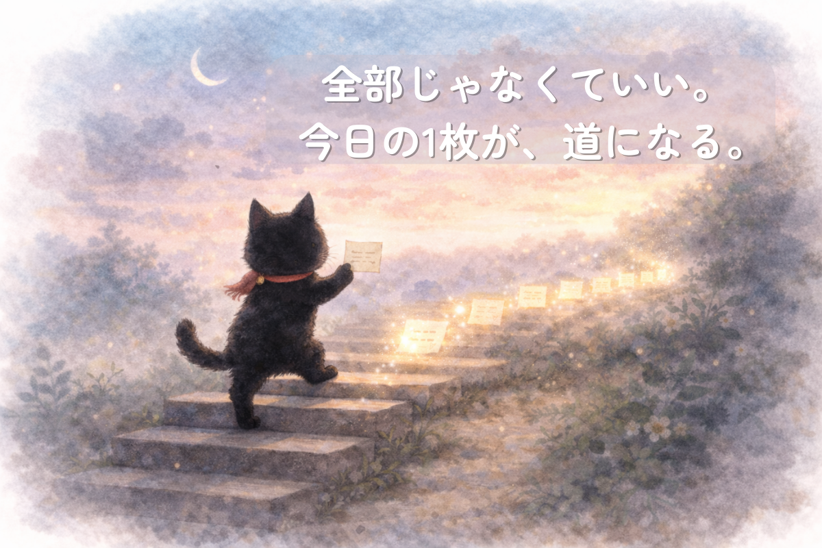 夜明けの階段を1枚のメモを持って上る黒猫と、後ろで淡く光るメモの道を描いたイラスト