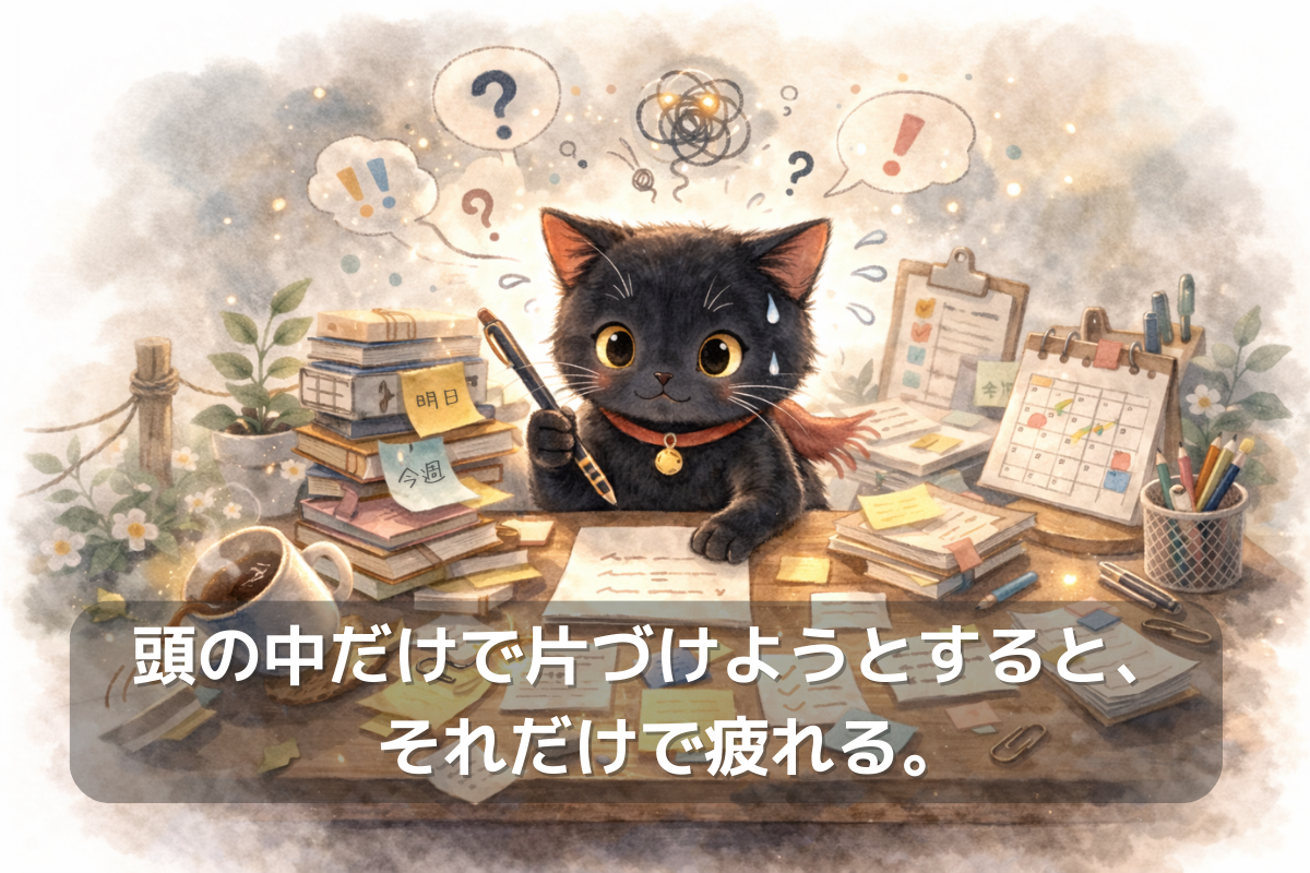 本やメモや時計でいっぱいの机の前で、困り顔で固まる黒猫が頭の中の混乱を表しているイラスト