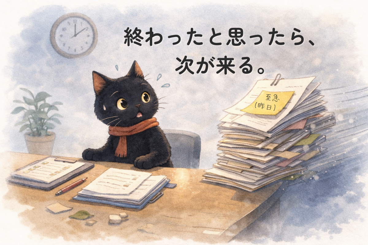 整理された机の黒猫の前に別の書類束が滑り込んできて、早く終えた人に次の仕事が集まる構造を表すイラスト