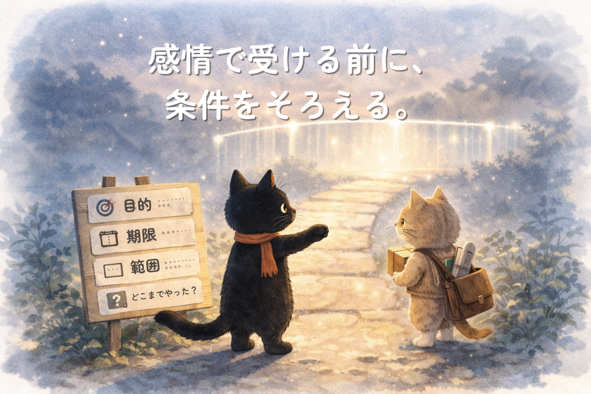 光の橋の入口で黒猫が案内板を示し、荷物を持った猫に目的・期限・範囲・進捗の確認を促しているイラスト