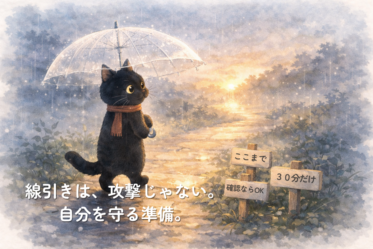 やわらかい雨の中で透明な傘を差して歩く黒猫と、線引きの目安を示す道しるべが描かれた安心感のあるイラスト