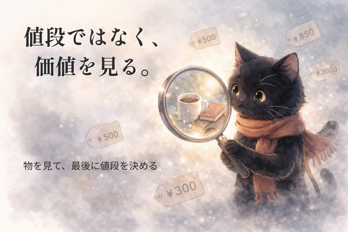 霧の中で黒猫がルーペを使って日用品を見つめ、周囲に値札が浮かぶ水彩イラスト。値段ではなく価値を見るテーマを表現。