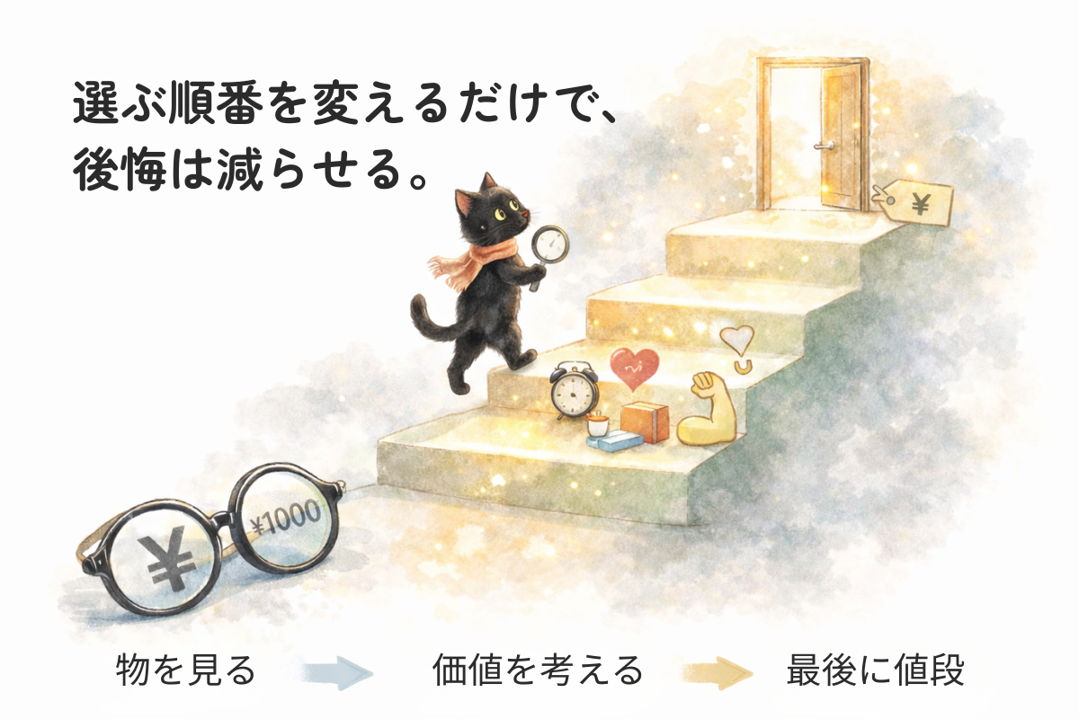 黒猫が3段の階段を上がり、物を見る・価値を考える・最後に値段の順で進んで明るい扉に向かう水彩イラスト。買い物の判断順を表現。