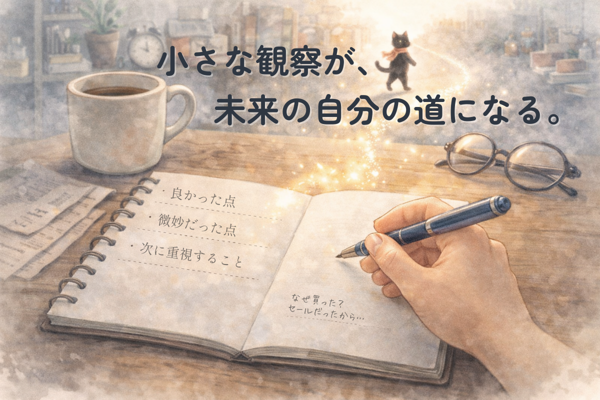 ノートに買い物の振り返りメモを書く手元から光の粒が道のように伸び、奥を黒猫が歩く水彩イラスト。小さな観察が見る目を育てるテーマ。