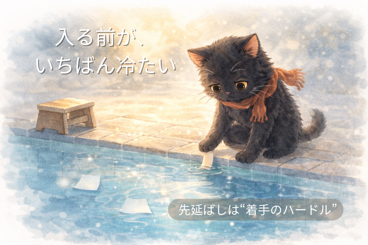 黒猫がプールサイドで水に足先だけ入れてためらい、近くに小さな踏み台が置かれている水彩イラスト