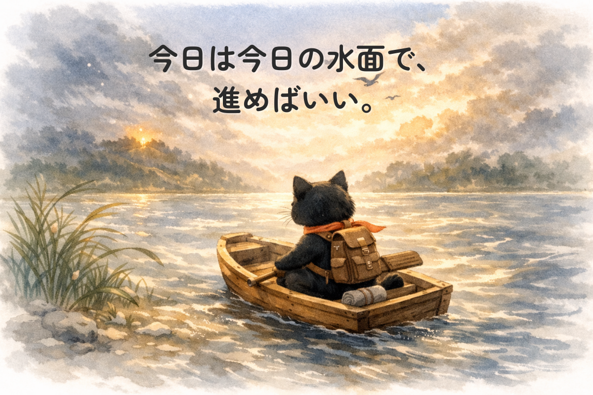 風のある水辺で、小さな木の舟に座った黒猫がオールを膝に置き、遠くの灯りを見ながら静かに風向きを見ている水彩イラスト