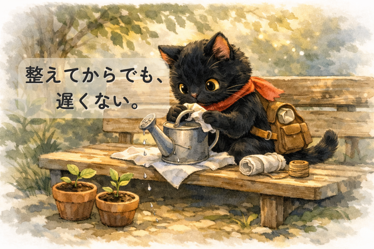 木漏れ日のベンチで、黒猫が少しひびの入ったじょうろを布で補修しており、足元に小さな鉢植えの芽が並ぶ水彩イラスト