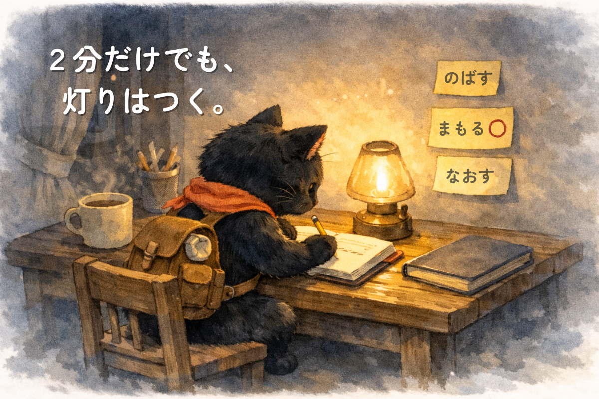 夜の静かな部屋で、ランプの灯りの下、黒猫が机に向かってノートに一行だけ書き、壁の付箋から今日のモードを選んでいる水彩イラスト