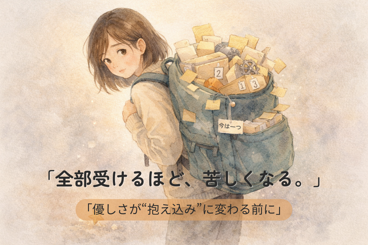 付箋や小箱でパンパンのリュックを背負い、足元の小さな星を拾えない人物の水彩イラスト