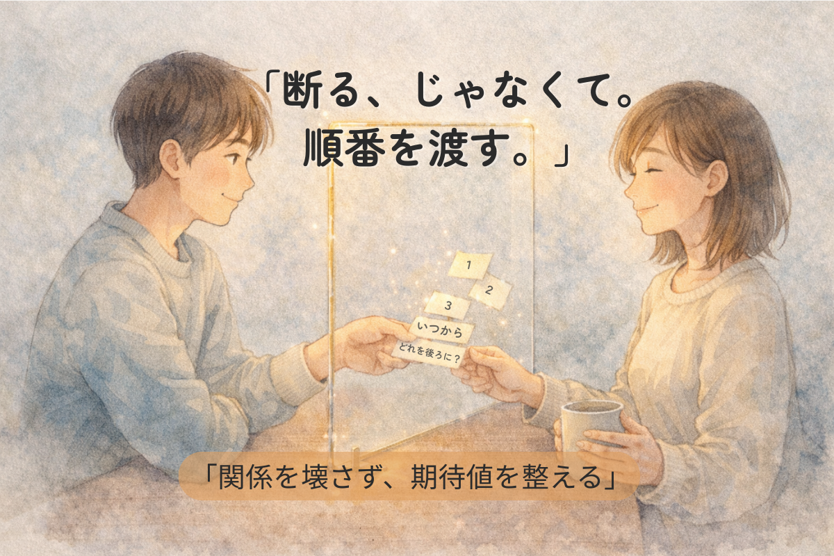 淡い金色に光る透明な仕切り越しに、優先度カードを渡し合い安心した表情をする二人の水彩イラスト