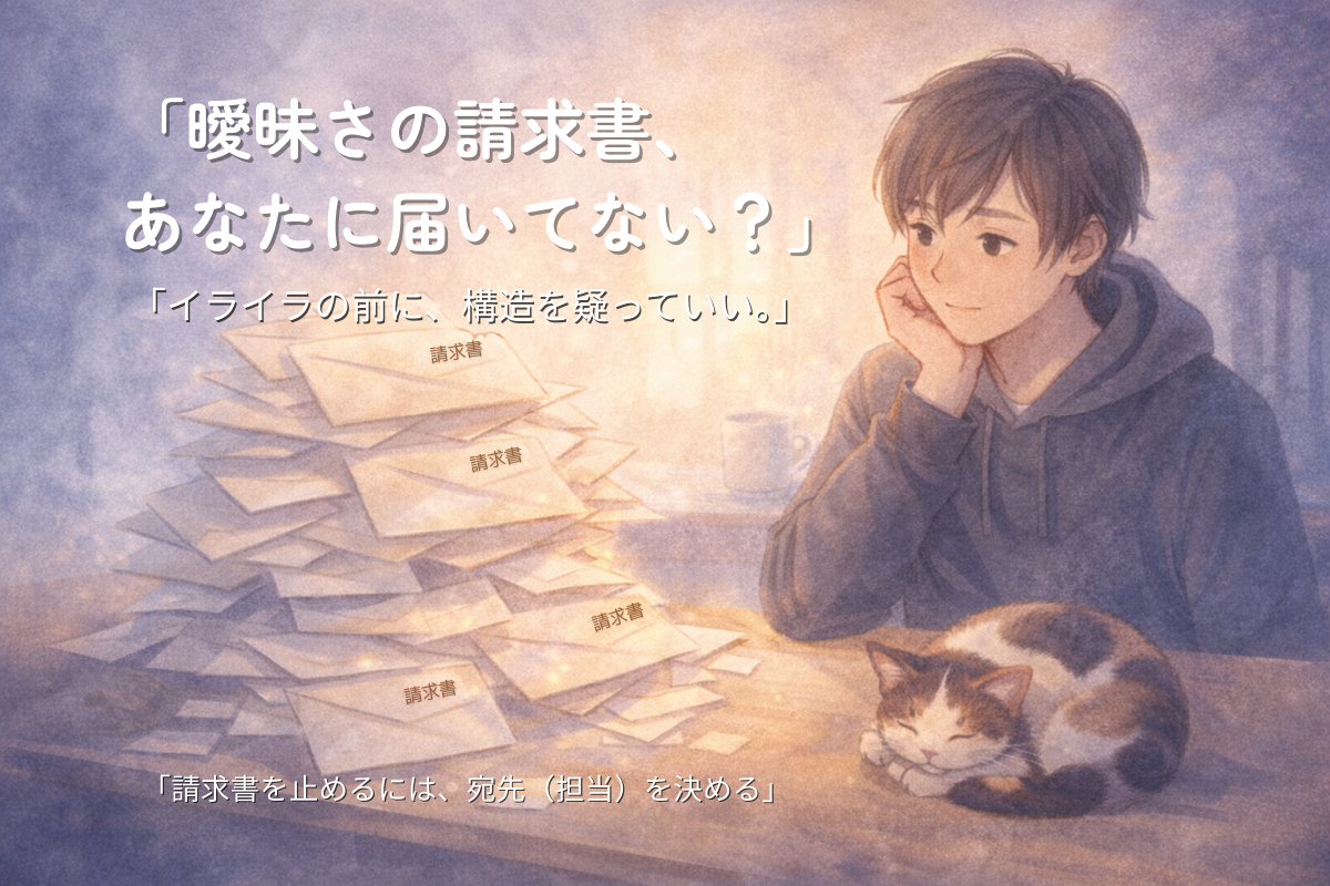 曖昧さのスタンプが押された封筒が山積みになり、机の横で猫が眠っているイラスト