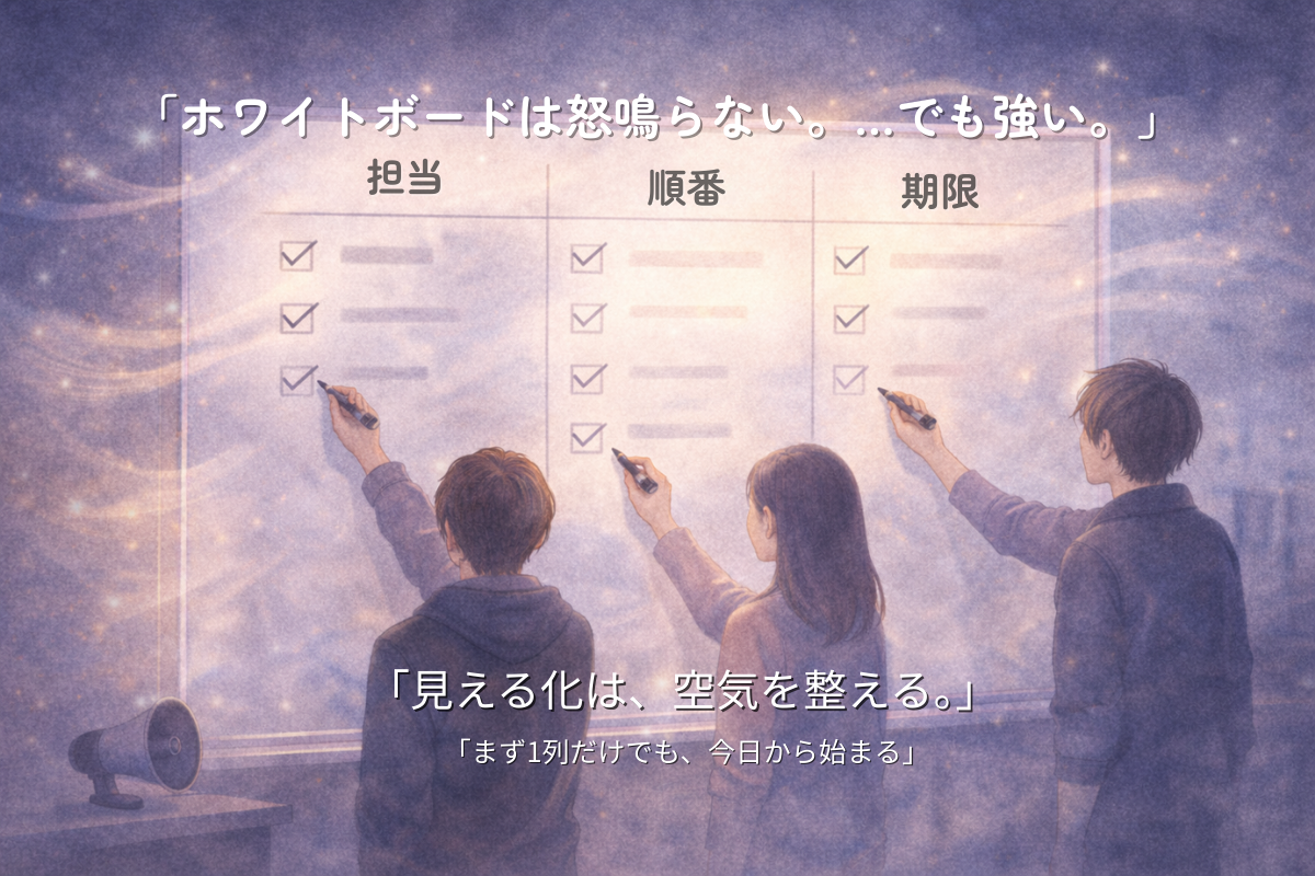 担当・順番・期限の3列があるボードにチェックが増え、人々が書き足しているイラスト
