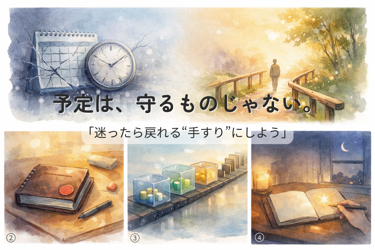 割れたカレンダーと時計から、木の手すりのある明るい道へ切り替わる水彩イラスト。予定を柔らかく捉え直すイメージ。
