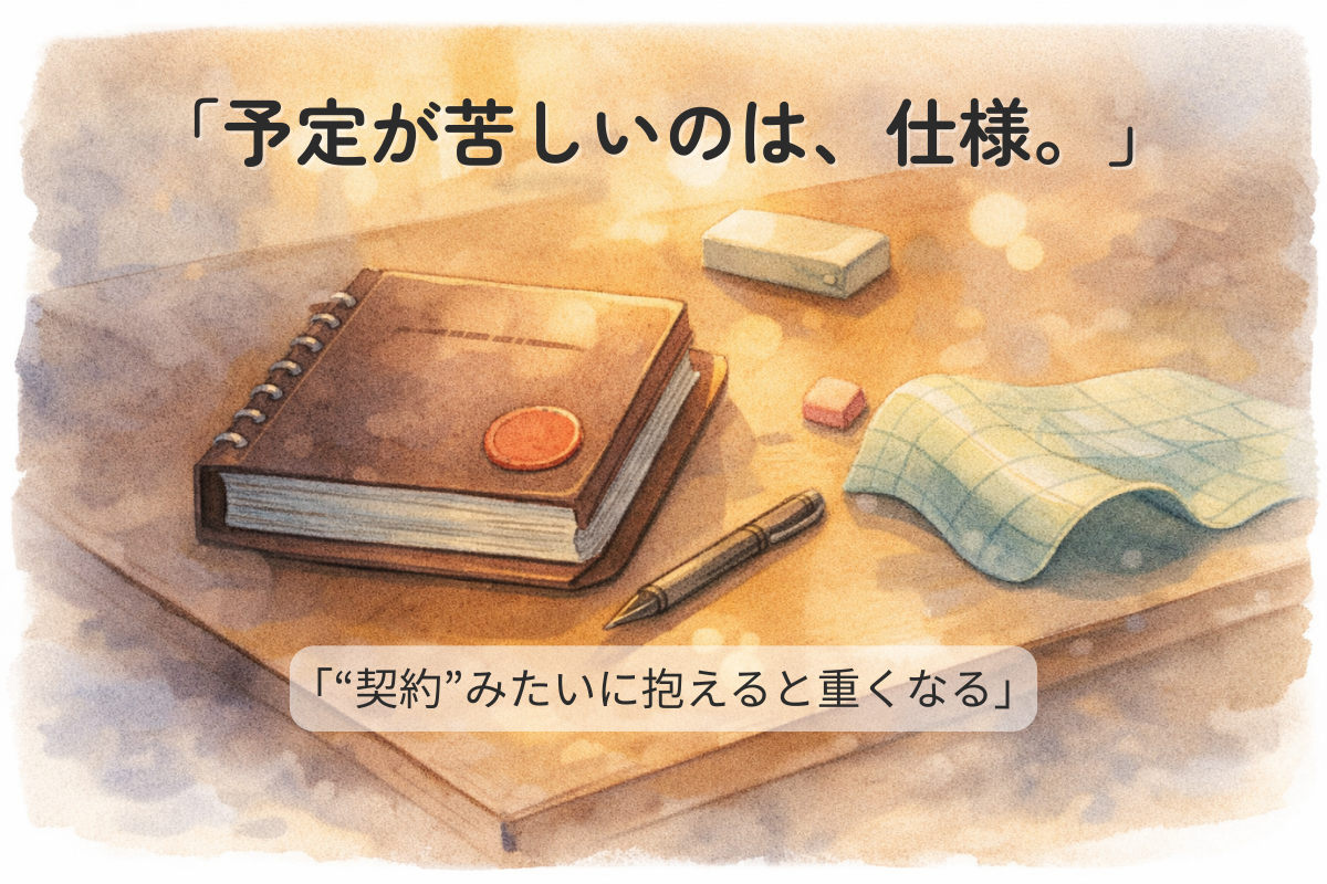 朝の光が差す机の上に、分厚い予定表と柔らかく波打つ地図が置かれた水彩イラスト。予定を契約のように扱う重さと、柔軟さの対比。