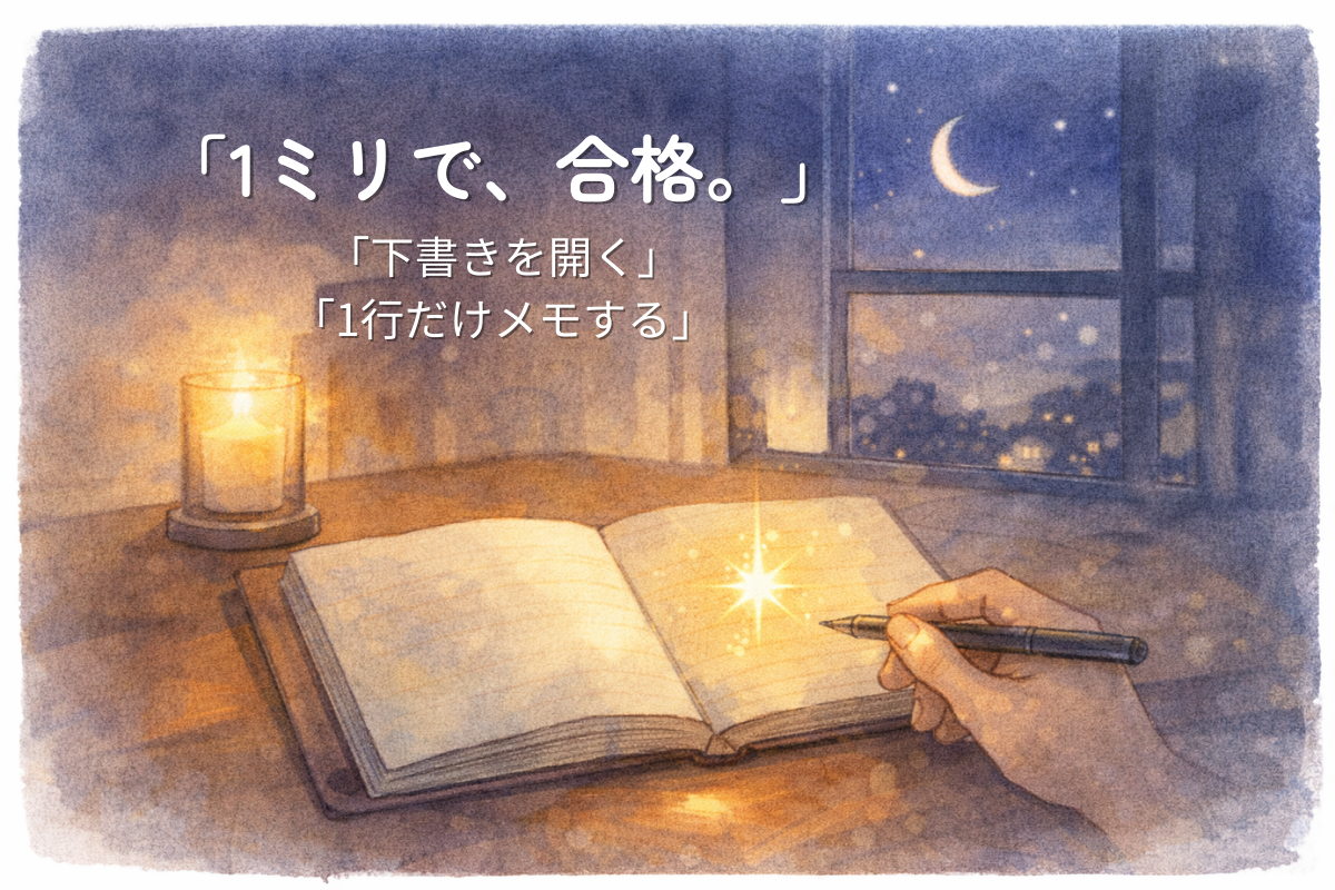 夜の机に開かれたノートと、ページの片隅で星のように光る点が描かれた水彩イラスト。小さな一歩でも合格というメッセージを表す。