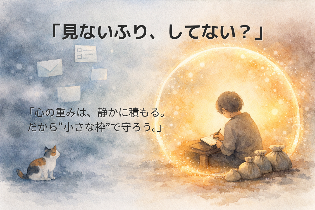 淡い霧の中で未完了の付箋アイコンが漂い、右側の光の結界の中で人物がノートに1行書いている水彩イラスト。足元に砂袋と三毛猫。