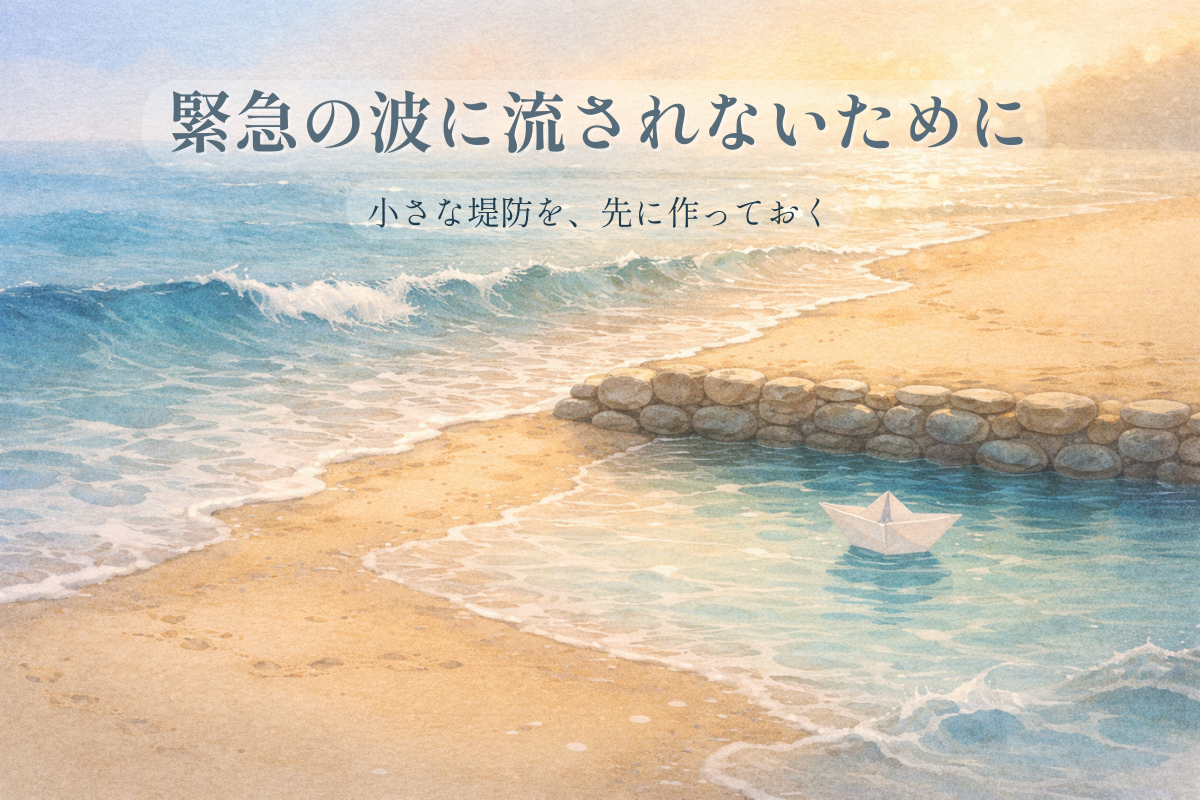 夕方の海と砂浜に、小さな石の堤防と凪の水面、紙の船が浮かぶ水彩イラスト（波のしぶきがやさしい）