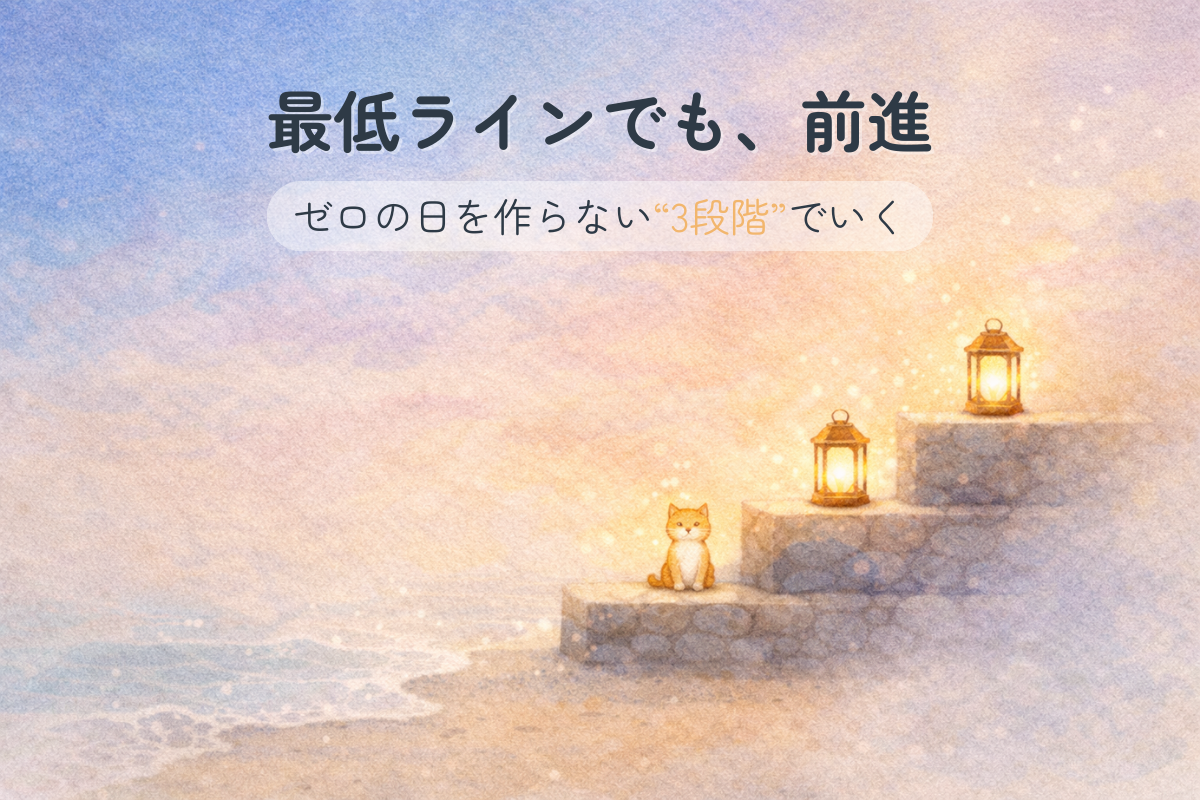 夜明けの空の下、3段の石の階段にランタンが灯り、最下段に小さな猫が座る水彩イラスト（やさしい光と余白）