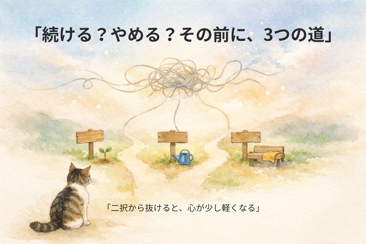 絡まった糸がほどけて三本の道が現れる水彩イラスト。芽・ジョウロ・ベンチがあり、続ける／縮小／休止の三択を表現。  （短め版）