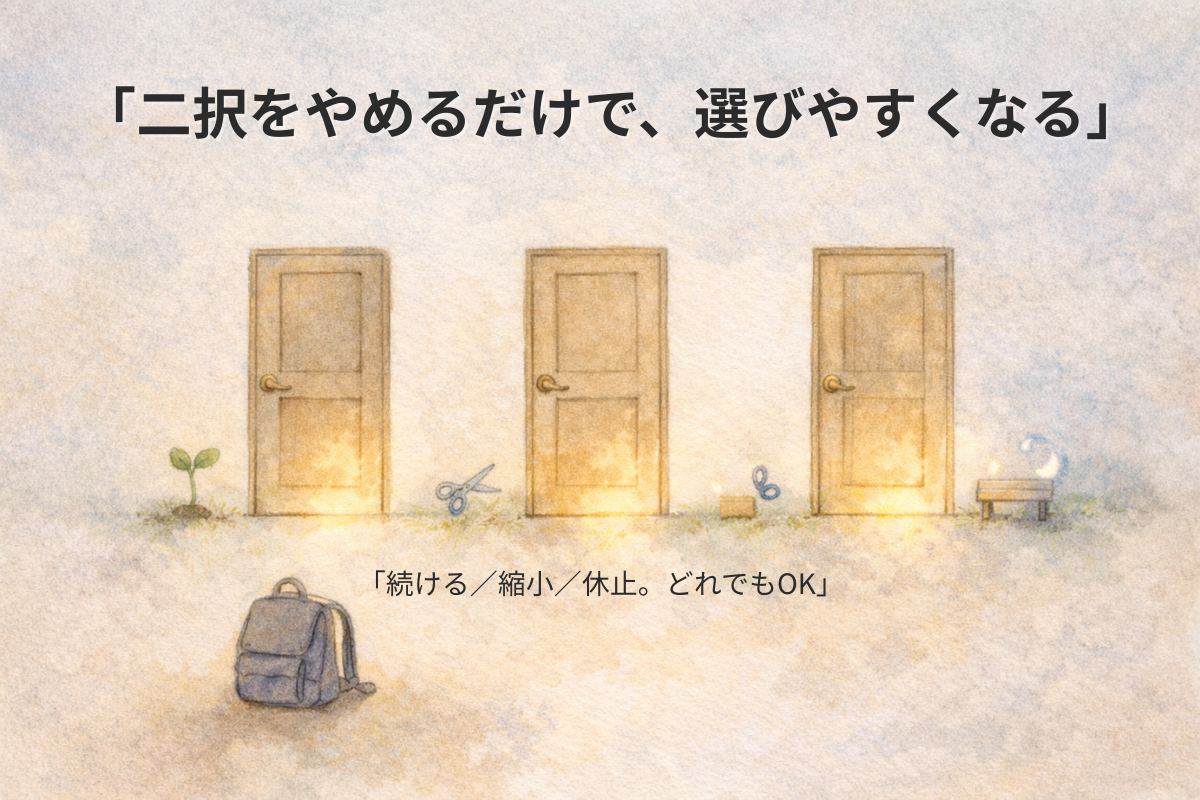 白い壁に同じ大きさの三つの扉が並び、床にリュックが置かれた水彩イラスト。続ける・縮小・休止の三択で負担を下ろすことを表現。