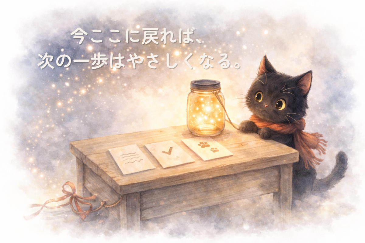 星の瓶が置かれた白木の机と黒猫を描いた水彩イラスト。未来へ流れる光の粒と3枚のカードが、気持ちを現在地に戻すイメージを表している。