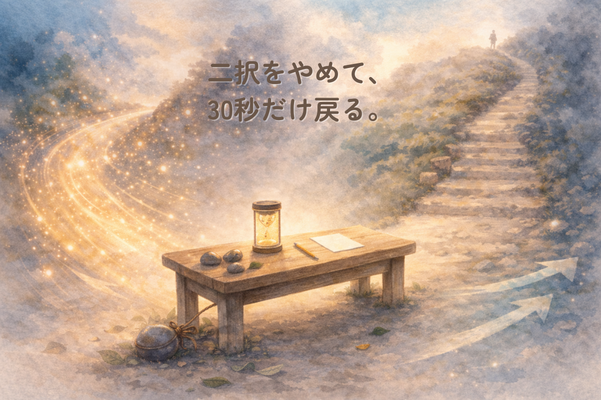 二つの道の間に小さな木のベンチが置かれた水彩イラスト。ベンチの上には砂時計、3つの小石、白紙、鉛筆があり、戻るか進むかの前に30秒だけ立ち止まることを表している。