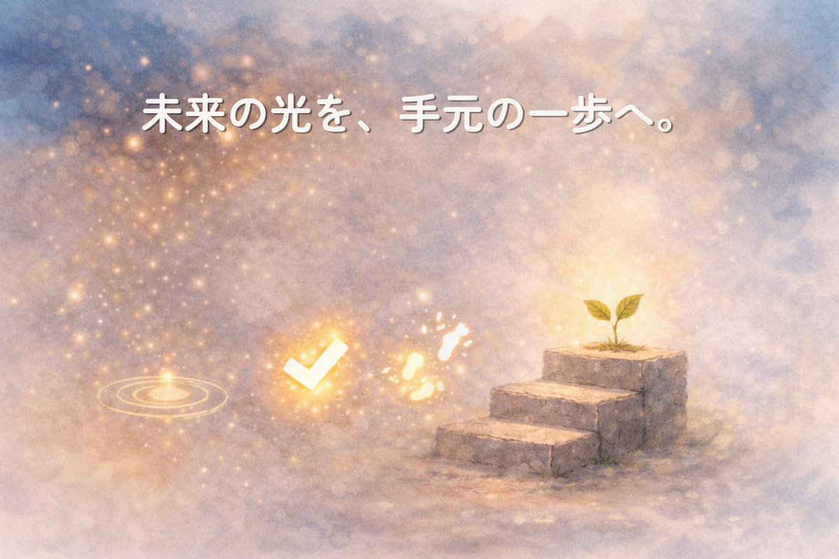背景の光の粒が波紋、チェック、足跡へと変わり、右側の3段の小さな階段の上に芽が育つ水彩イラスト。未来の不安を今できる小さな行動へ変える流れを表している。