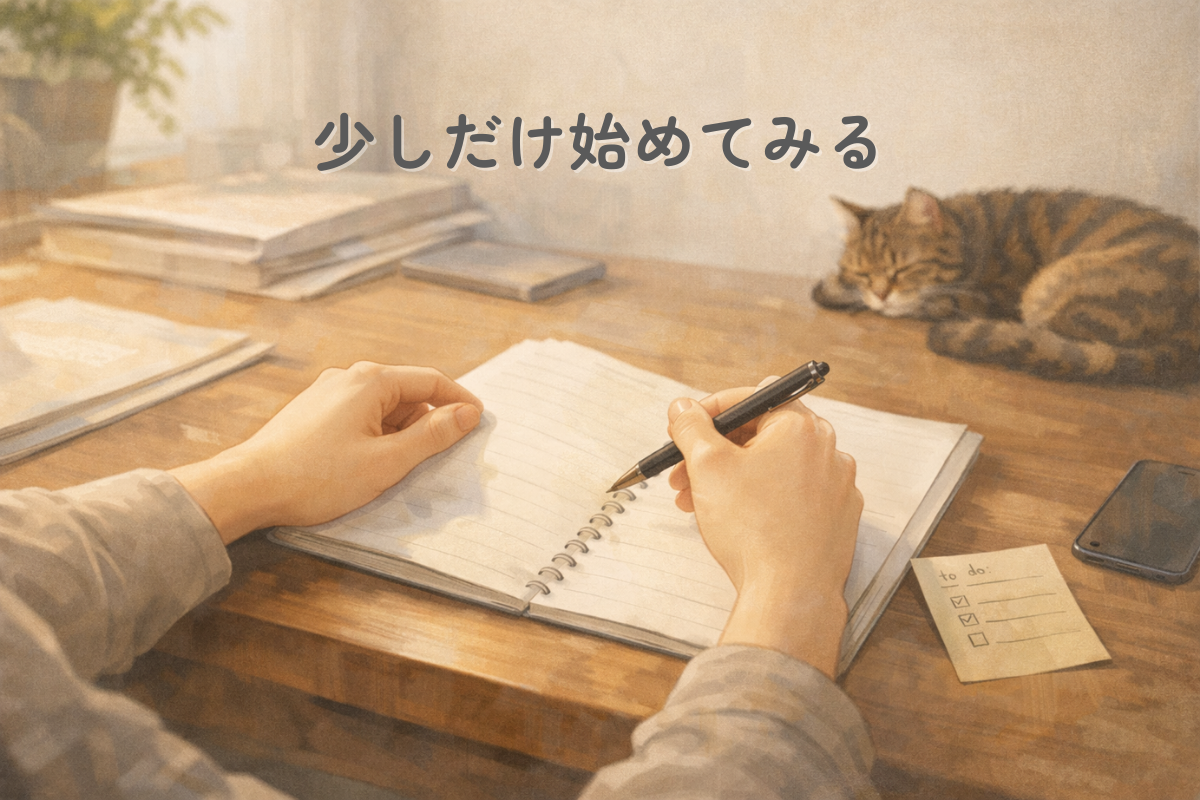 机の上のノートに向かってペンを持つ手元と、周囲の書類やスマートフォン、奥で眠るキジトラ猫を描いたイラスト