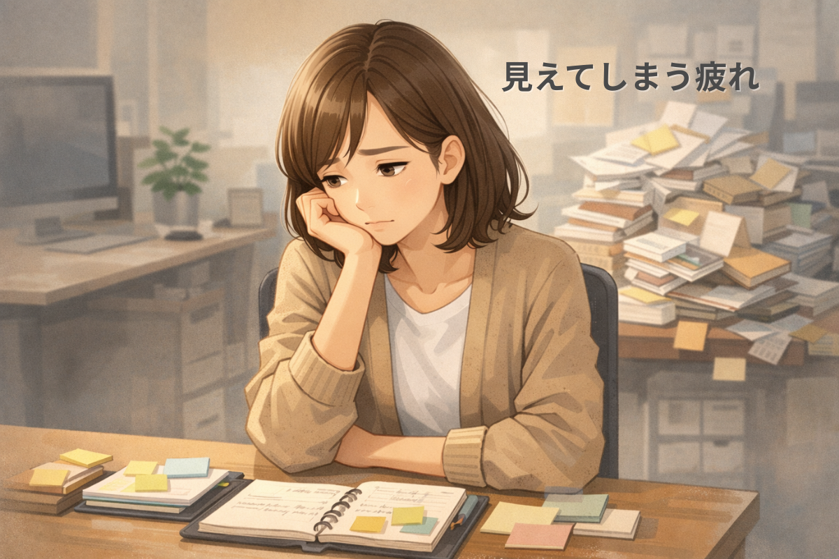 手元に整理されたメモを置いた人物が、後方の散らかった書類の山の前で机に向かっているイラスト