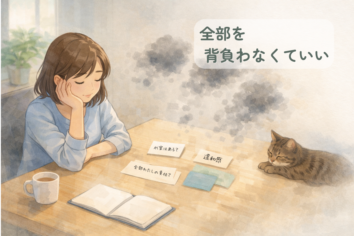 木のテーブルでノートやメモを前にした人物が頬杖をつき、そのそばでキジトラ猫が横になっているイラスト。背景にはやわらかな室内と窓辺の植物が描かれている。
