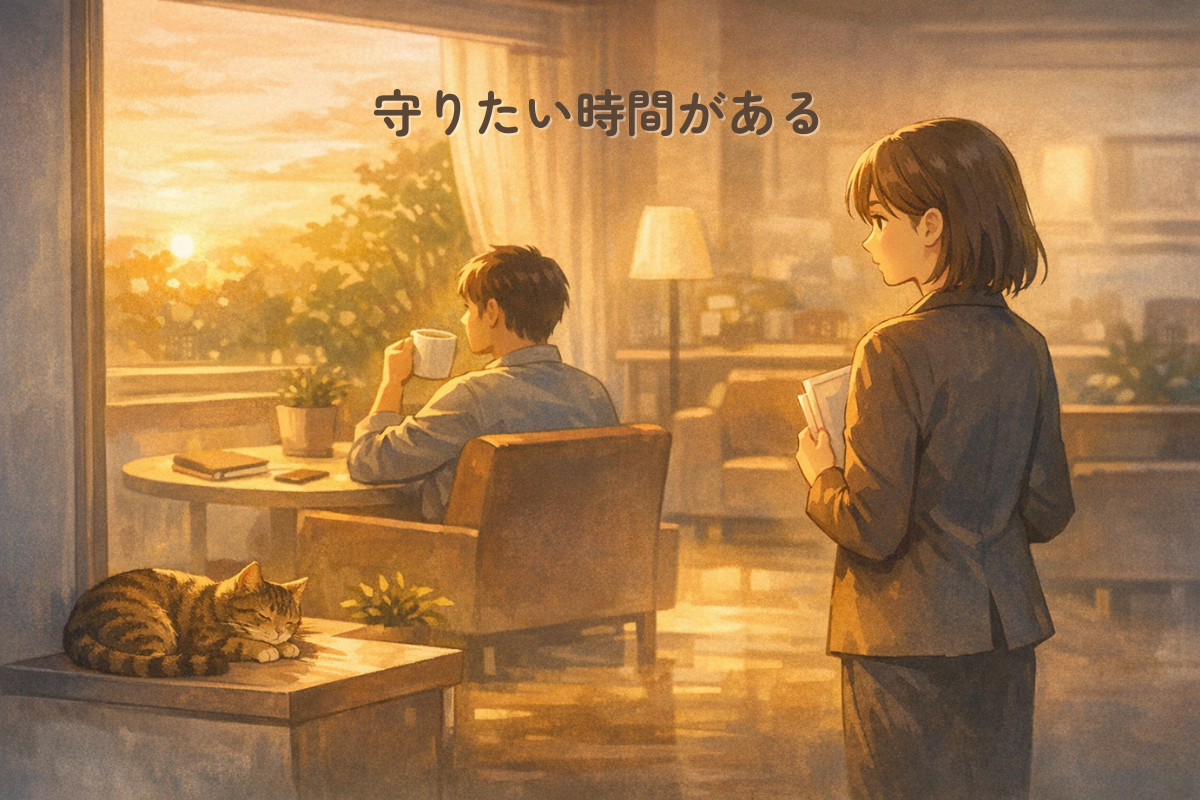 夕方の休憩スペースで飲み物を持って座っている人と、書類を抱えながら少し離れた場所で立っている人、その手前で眠っているキジトラ猫を描いたイラスト