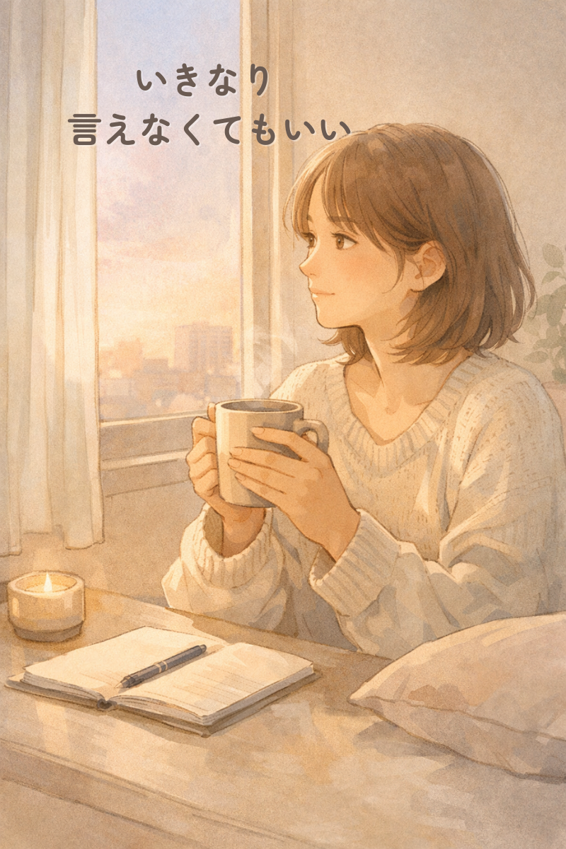 窓辺でマグカップを両手に持ちながら座る人物と、机の上のノートやろうそくを描いた淡い色合いのイラスト