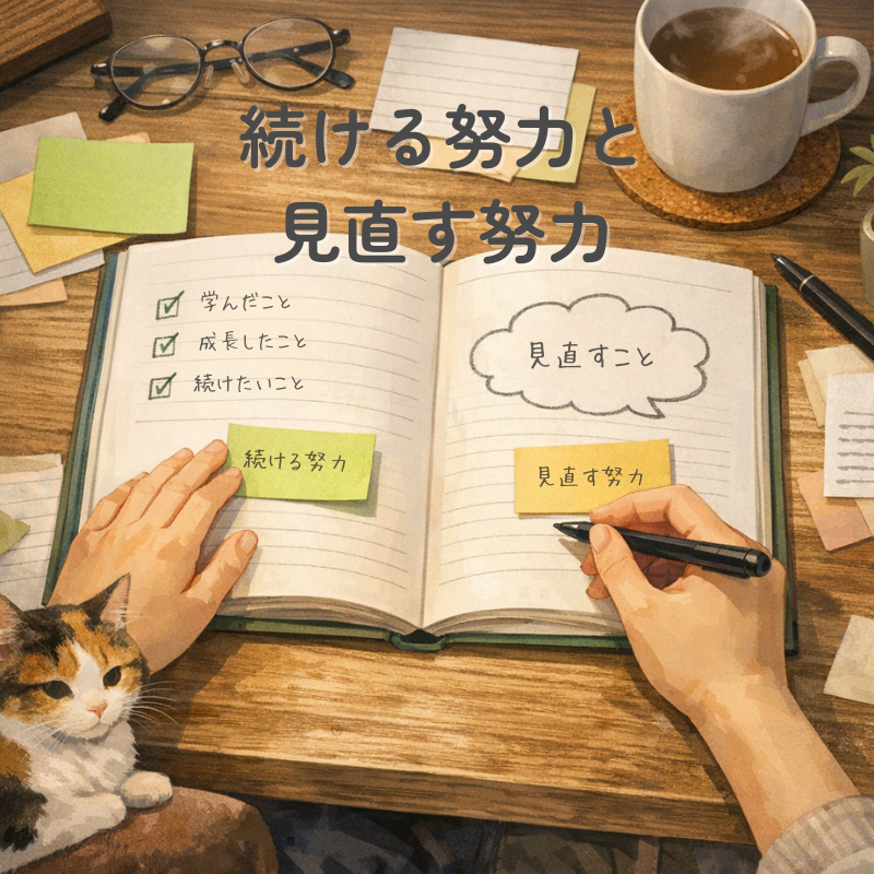 ノートを開いて努力を見直している手元のイラスト。続ける努力と見直す努力を整理する場面を表現
