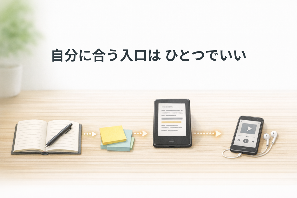 木目の机の上にノート、付箋、電子書籍端末、イヤホン付きのスマートフォンが左から順に並び、それぞれが矢印でゆるやかにつながれた記事内イラスト