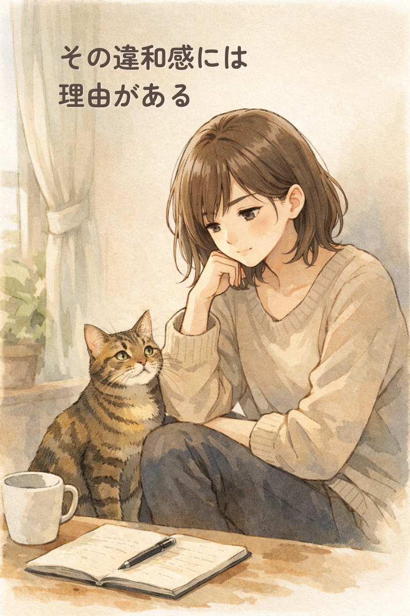 窓辺で考えごとをする女性のそばに、キジトラ猫とノート、マグカップが置かれたやわらかい雰囲気のイラスト