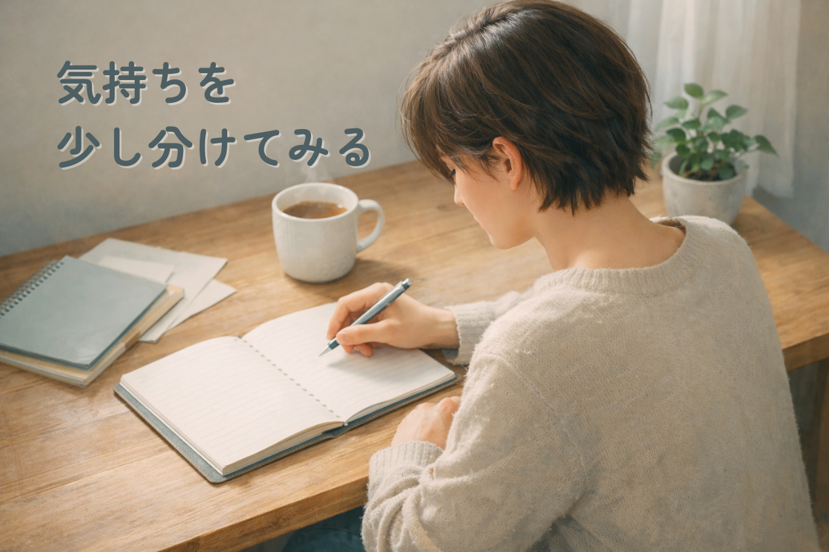 湯気の立つマグカップと観葉植物のある机で、ノートに向かう人物を描いた明るい色合いのイラスト