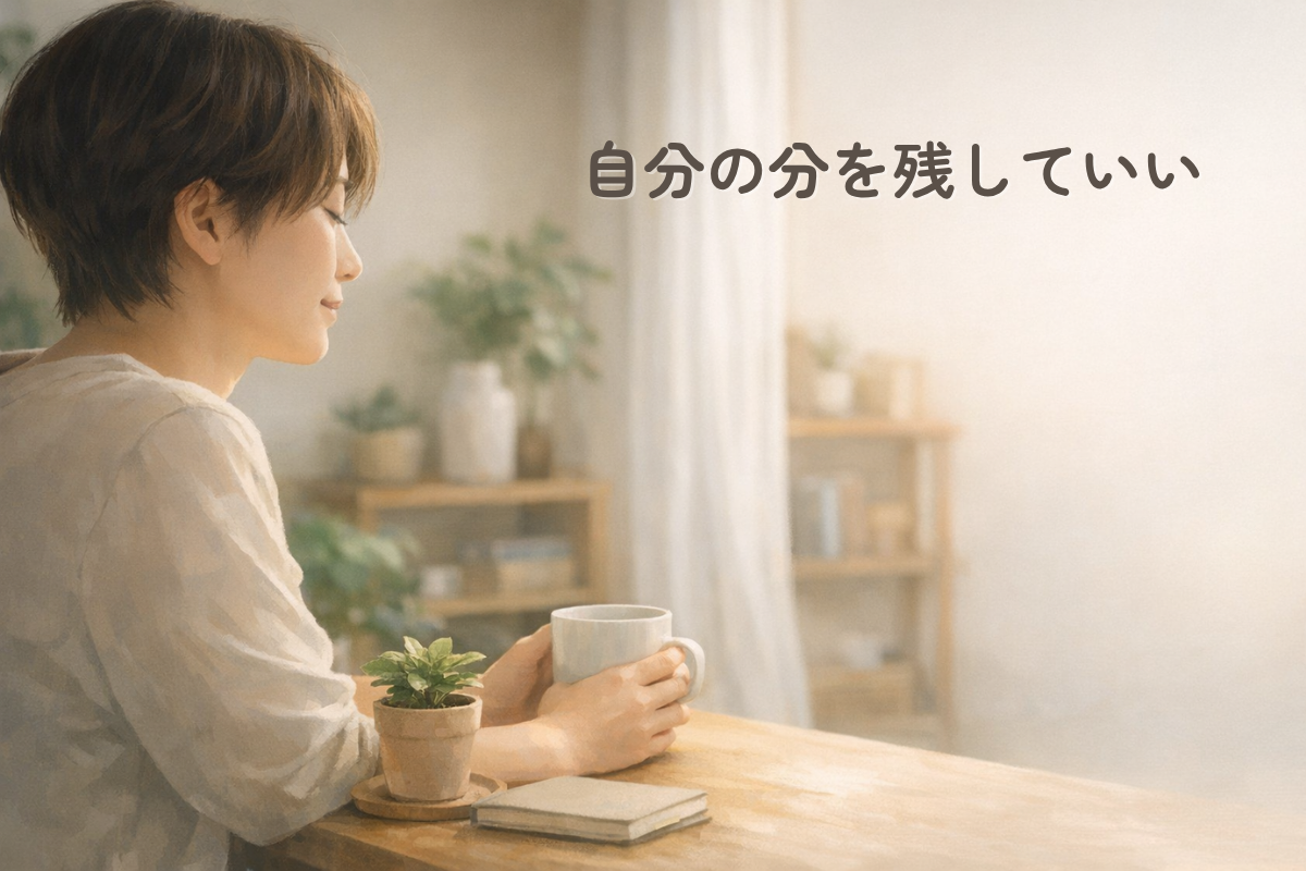明るい室内でマグカップを両手で持ちながら横を向いて座る人物と、手前の小さな鉢植えやノートが描かれたイラスト