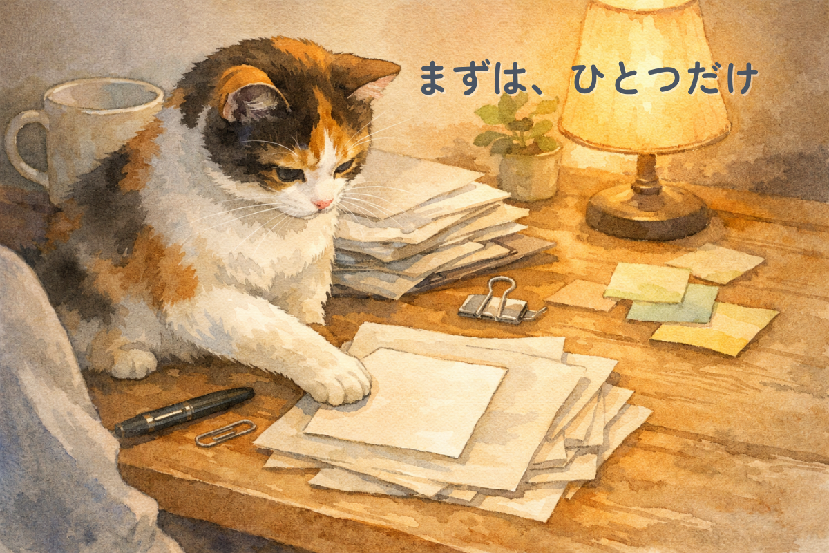 ランプの灯りがある机の上で、重なった書類や付箋のそばに三毛猫が座り、手前の一枚の紙に前足を添えているイラスト