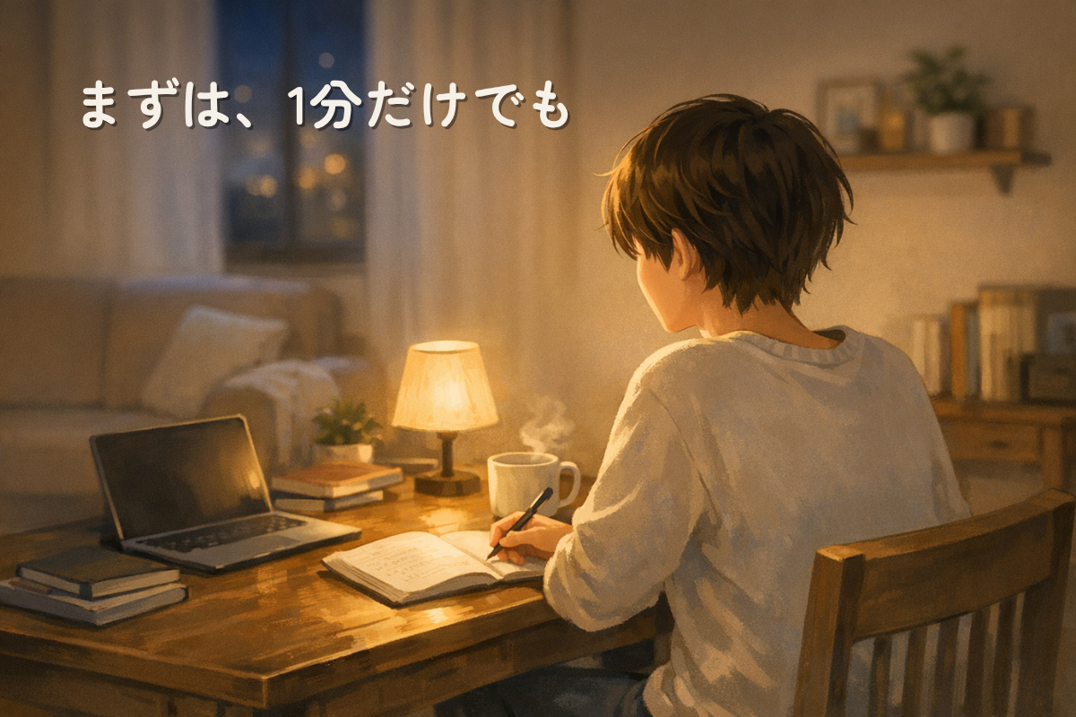 夜の室内で、机に向かってノートに書き込みをする人物と、机の上のノートパソコンやマグカップ、小さなライトを描いたイラスト