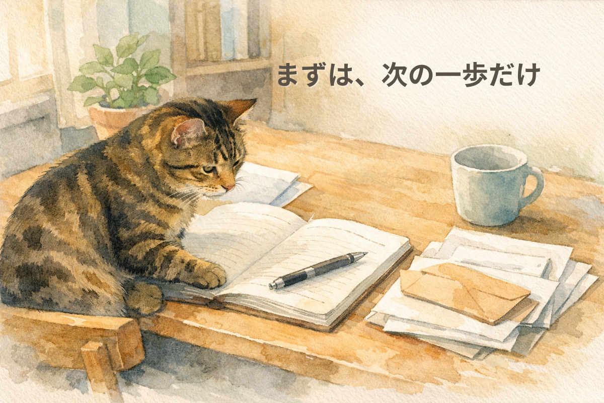 窓辺のやわらかな光が入る机で、開いたノートとペン、重ねた紙や封筒のそばにキジトラ猫が座っている水彩風イラスト