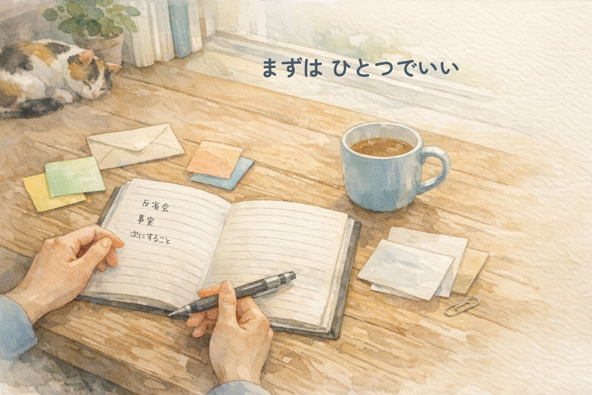 窓辺の木の机を少し俯瞰で描いた水彩イラスト。ノート、付箋、ペン、マグカップ、メモ、クリップが置かれ、奥には小さな三毛猫が見える。