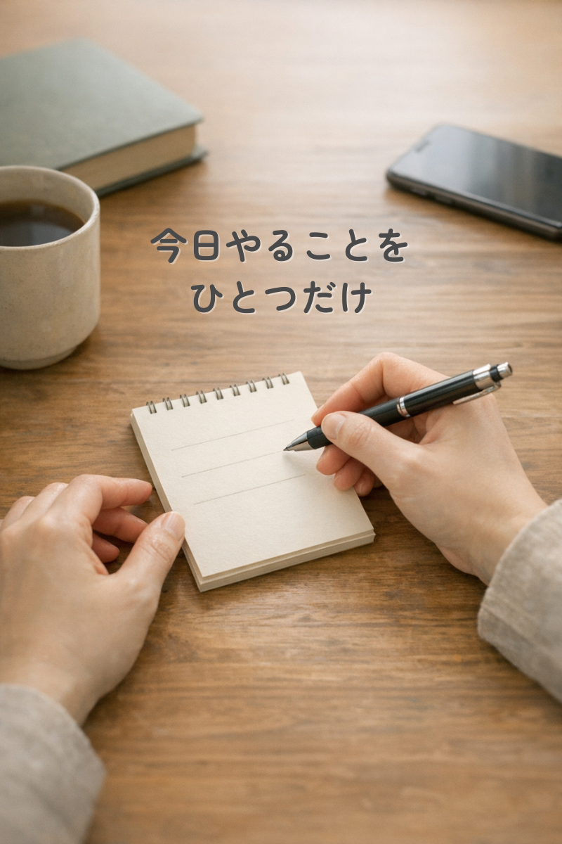 木の机の上に置かれた小さなメモ帳に、人物の手がペンで書こうとしている様子と、そばのマグカップや本、スマートフォンが描かれたイラスト
