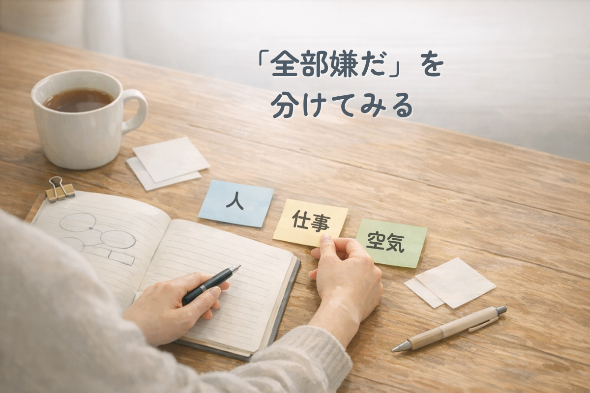木の机の上で、ノートや小さな紙を前にしながら手元で考えを整理している様子のイラスト。紙には「人」「仕事」「空気」と書かれ、横にマグカップとペンが置かれている。