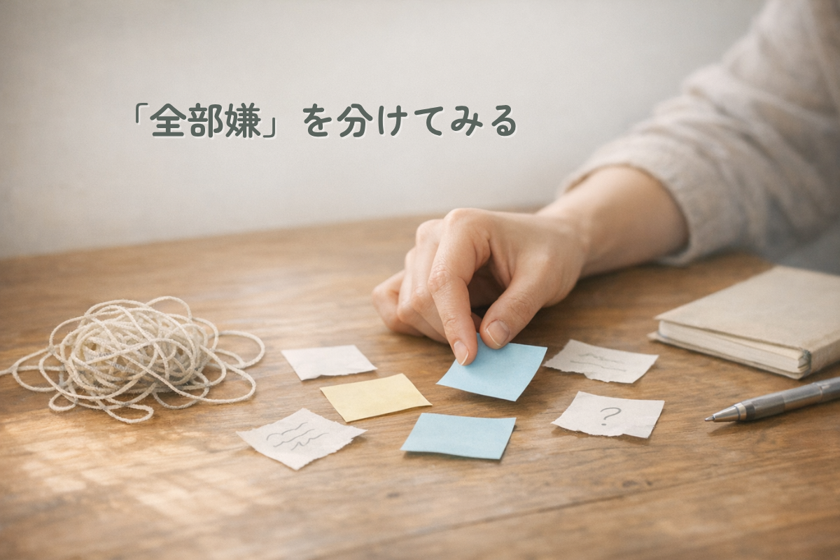 木の机の上に置かれた小さな紙片や付箋、絡まった糸のそばで、人物の手が一枚のメモを選ぶように触れているイラスト