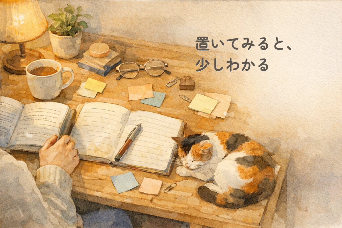 木の机をやや上から見た水彩風イラスト。開いたノートや読みかけの本、マグカップ、付箋、眼鏡、小さな植物が置かれ、人物の手元のそばで三毛猫が丸くなっている。