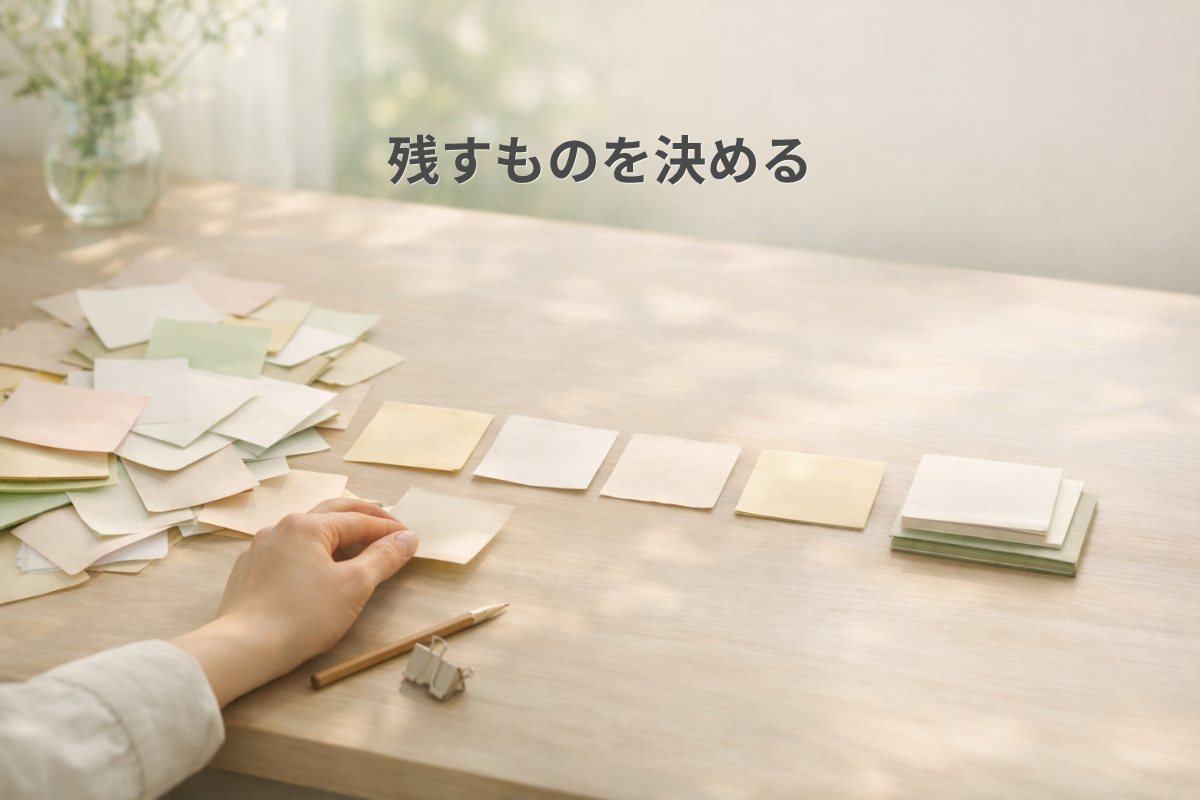 木の机の上に散らかった淡い色の付箋やメモがあり、中央で手が一枚を整え、右側には少数のメモがきれいに重ねられている様子。朝のやわらかい光が差し込んでいる。